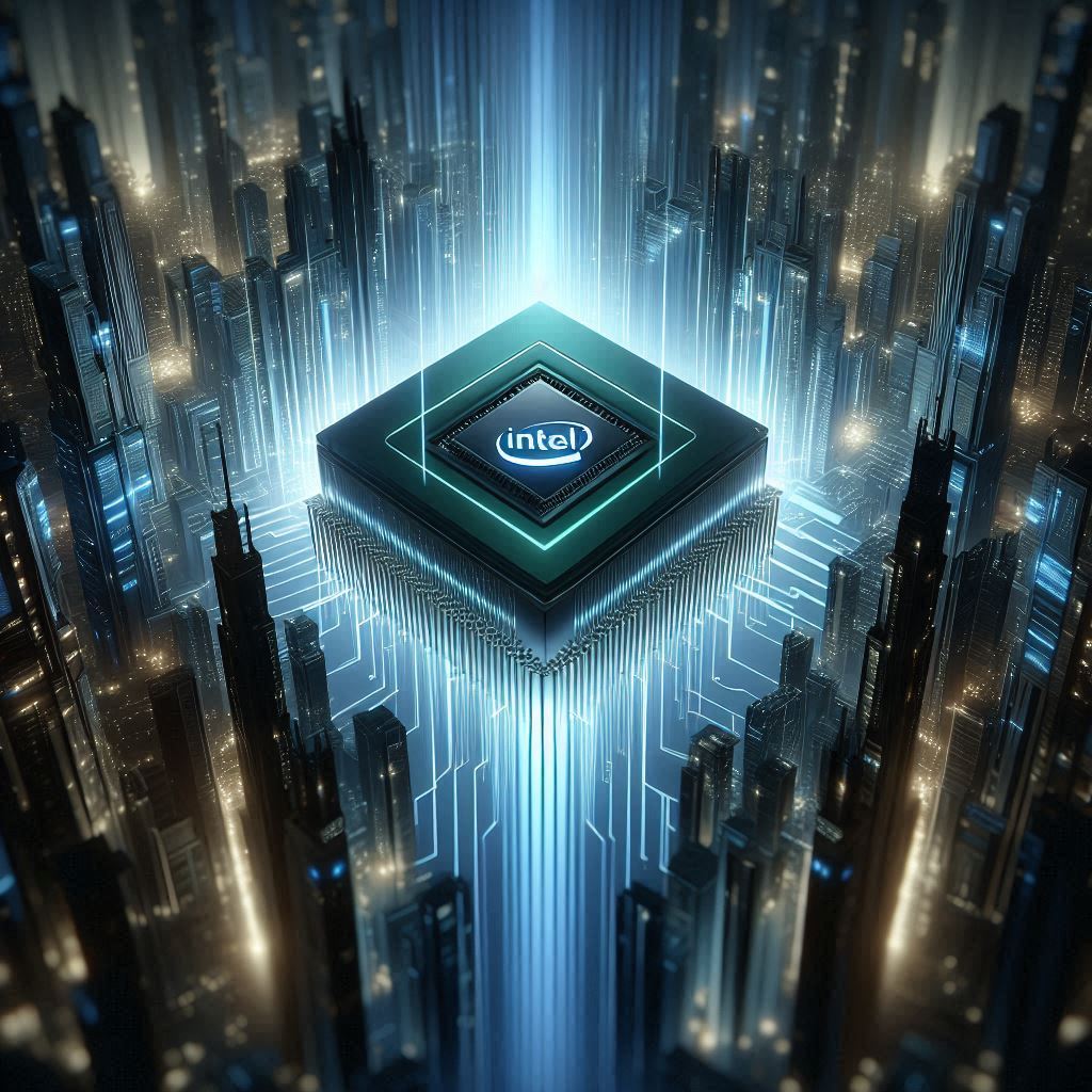 A futuristic cyber cityscape featuring a sleek, high-tech Intel CPU at the center, surrounded by glowing data streams. The mood is tense and secretive, with a sense of vulnerability in the air. Vector art style.