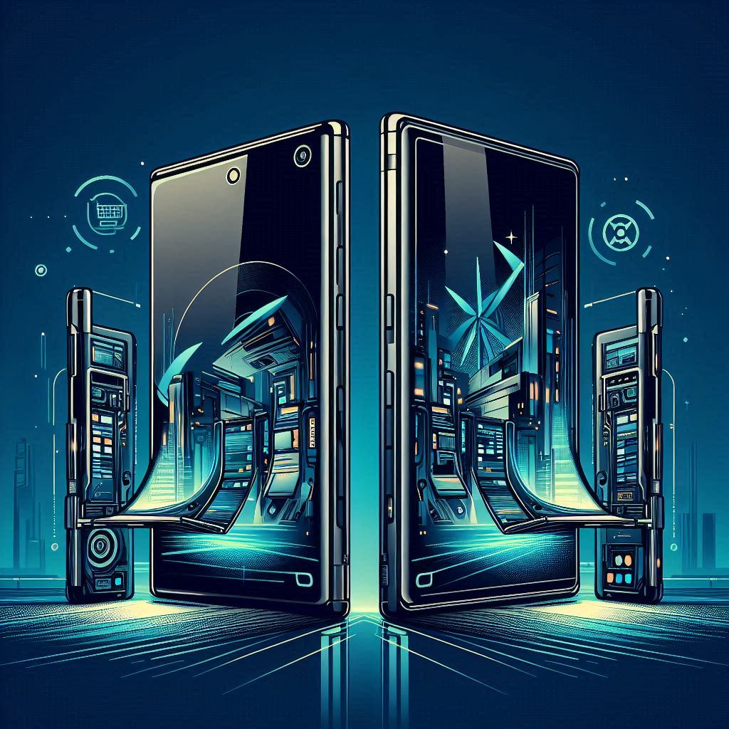 Create an image in a vector art style depicting a futuristic setting with two sleek and stylish foldable smartphones, one representing the latest model and the other representing the previous model. The mood should be one of technological innovation and comparison, showcasing the evolution in design and features between the two devices.