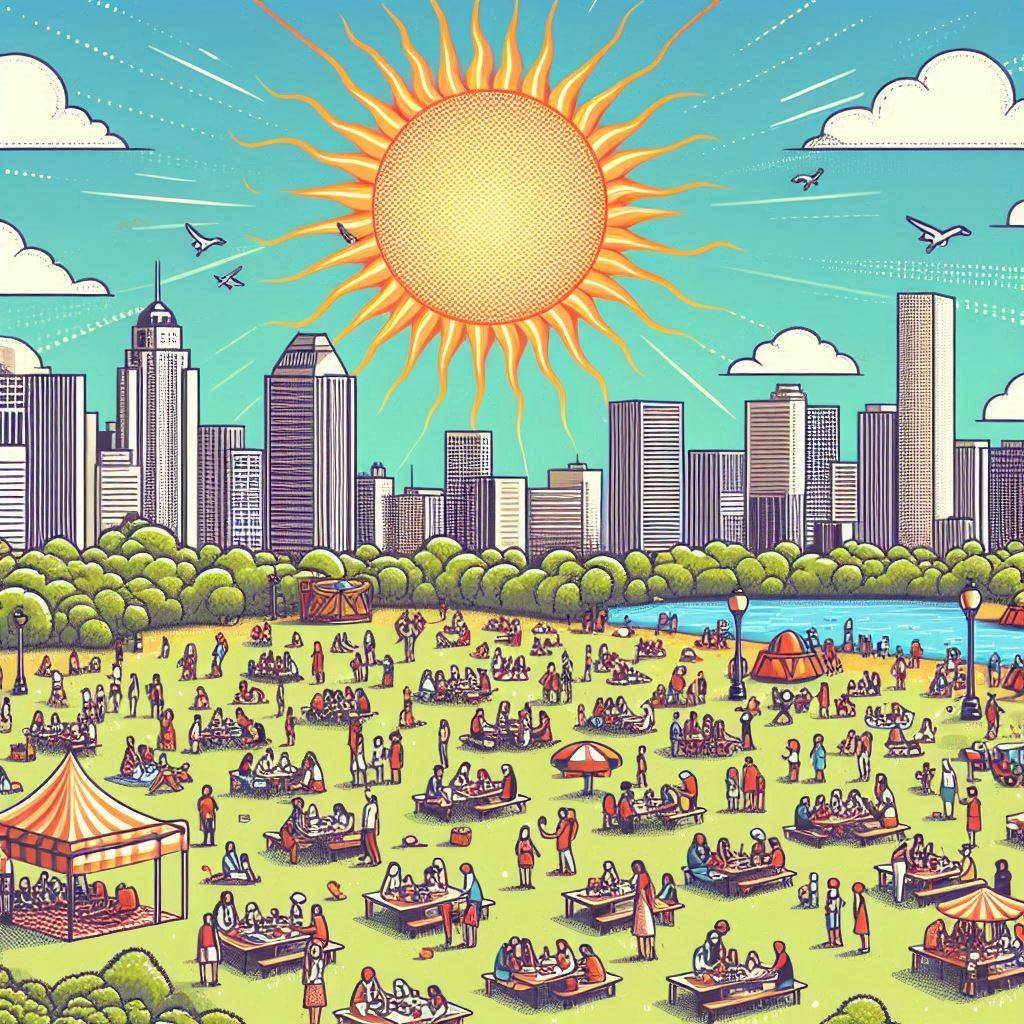 Create an image of a sunny summer day in a bustling city park, where diverse groups of people are enjoying picnics and playing outdoor games. Show the sun radiating strong heat waves in a vector art style to emphasize the impact of climate change on the environment.