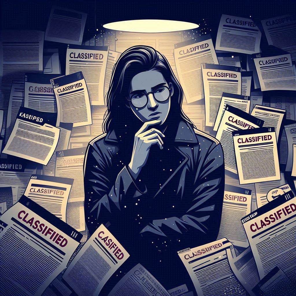 A person with long dark hair and glasses in a vector art style, surrounded by scattered papers labeled "classified", standing in a dimly lit room with a look of intrigue and secrecy.