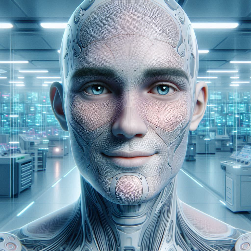 A humanoid robot with a fleshy face, featuring realistic skin texture and a gentle smile, standing in a futuristic laboratory setting. The vector art style should capture the blend of technology and humanity, creating a sense of curiosity and wonder.