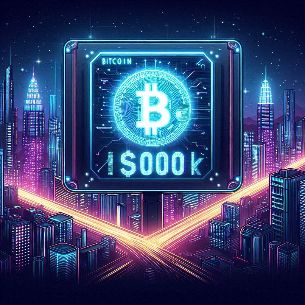 Create an image of a futuristic cityscape at night with neon lights illuminating the skyline, featuring a digital billboard displaying the price of Bitcoin at $60K. The mood is electrifying and high-tech, with a vector art style.