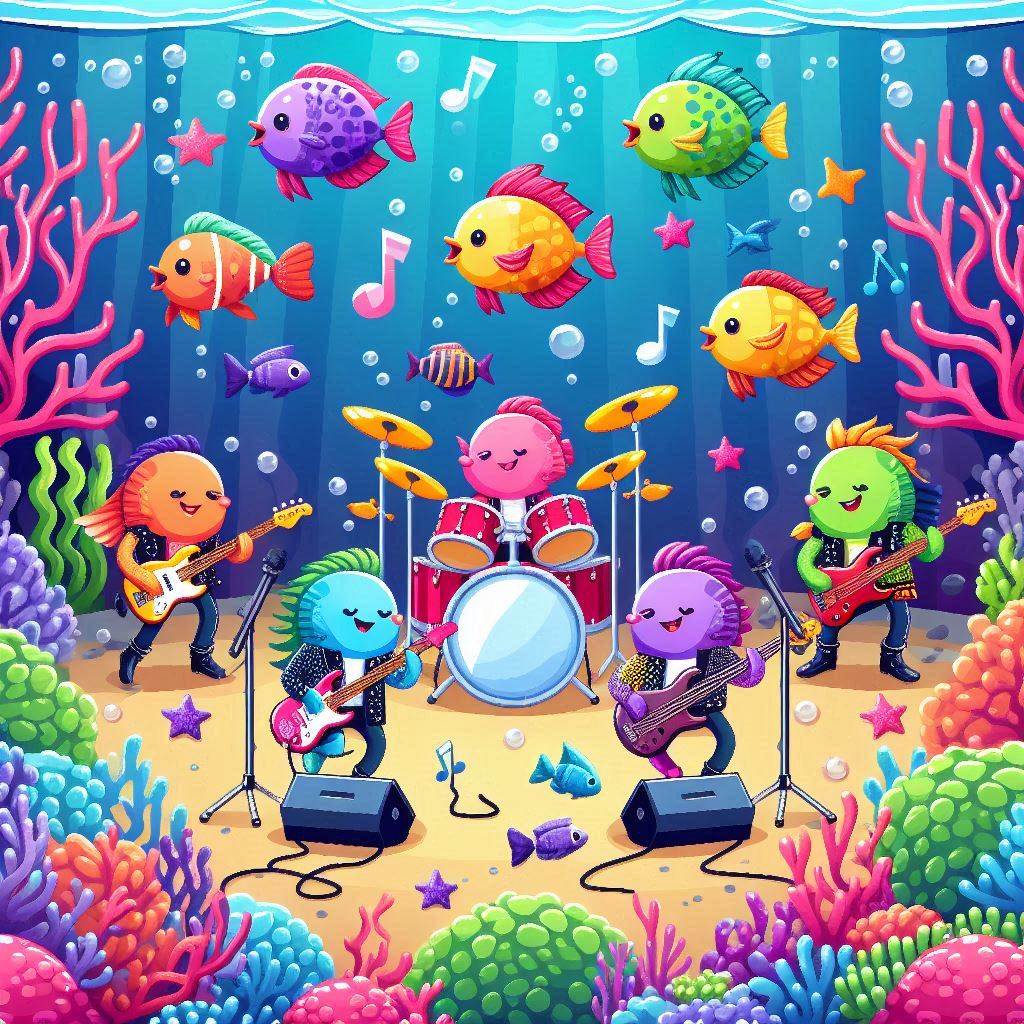 Create an underwater concert scene featuring a group of colorful fish playing musical instruments in a vibrant coral reef setting, all dressed in trendy rock star attire. The vector art style should emphasize the whimsical and playful nature of the scene.