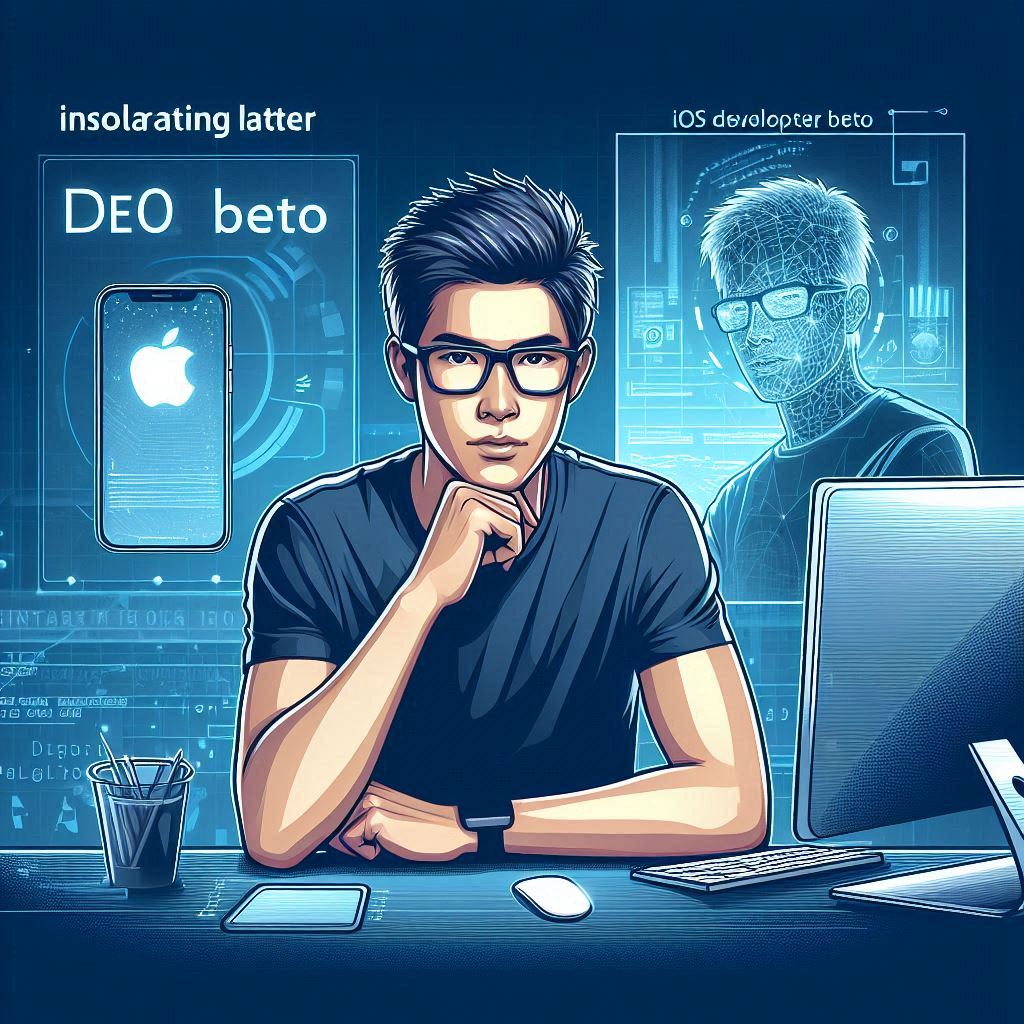 Create an illustration in a sleek vector art style of a young man with short dark hair and glasses, sitting at a desk with a computer and smartphone. The background should feature futuristic elements like holographic displays and digital code, capturing the essence of a tech-savvy individual installing the latest iOS developer beta.