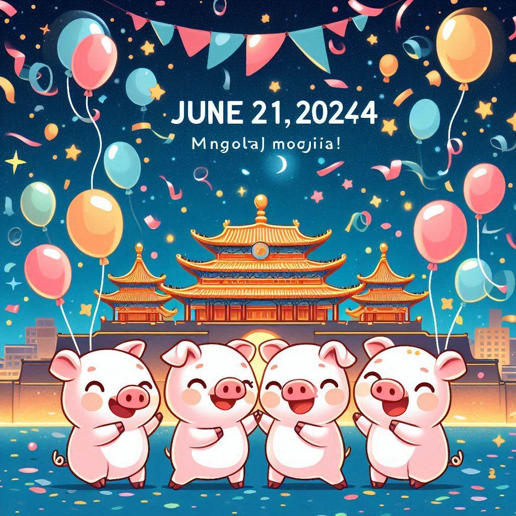 A group of adorable piglet characters celebrating under a starry night sky in Mongolia on June 21, 2024. The scene is joyful and festive, with the piglets surrounded by colorful balloons and confetti. The vector art style captures the excitement and happiness of the celebration.