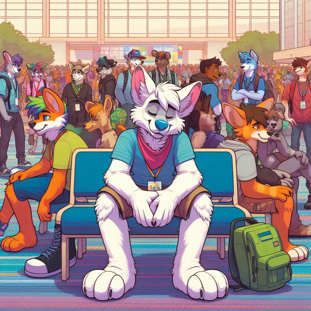 Create a whimsical scene in a colorful convention center during "The Anthrocon", showcasing various anthropomorphic characters in playful costumes. The setting is bustling with excitement as attendees interact with each other. The mood is cheerful and lighthearted, with a focus on a tired but content individual in a fursuit sitting on a bench, surrounded by friends. Use a vibrant vector art style to illustrate this fun and unique convention experience.