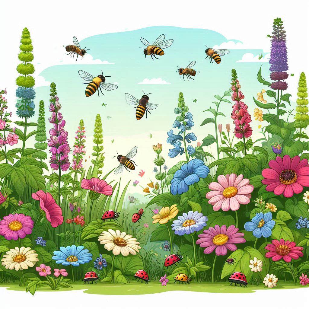 Illustrate a serene garden scene in a vector art style, featuring a variety of colorful flowers and plants. Show a diverse group of insects happily buzzing around, creating a vibrant and lively atmosphere. Capture the essence of nature thriving harmoniously in this peaceful setting.