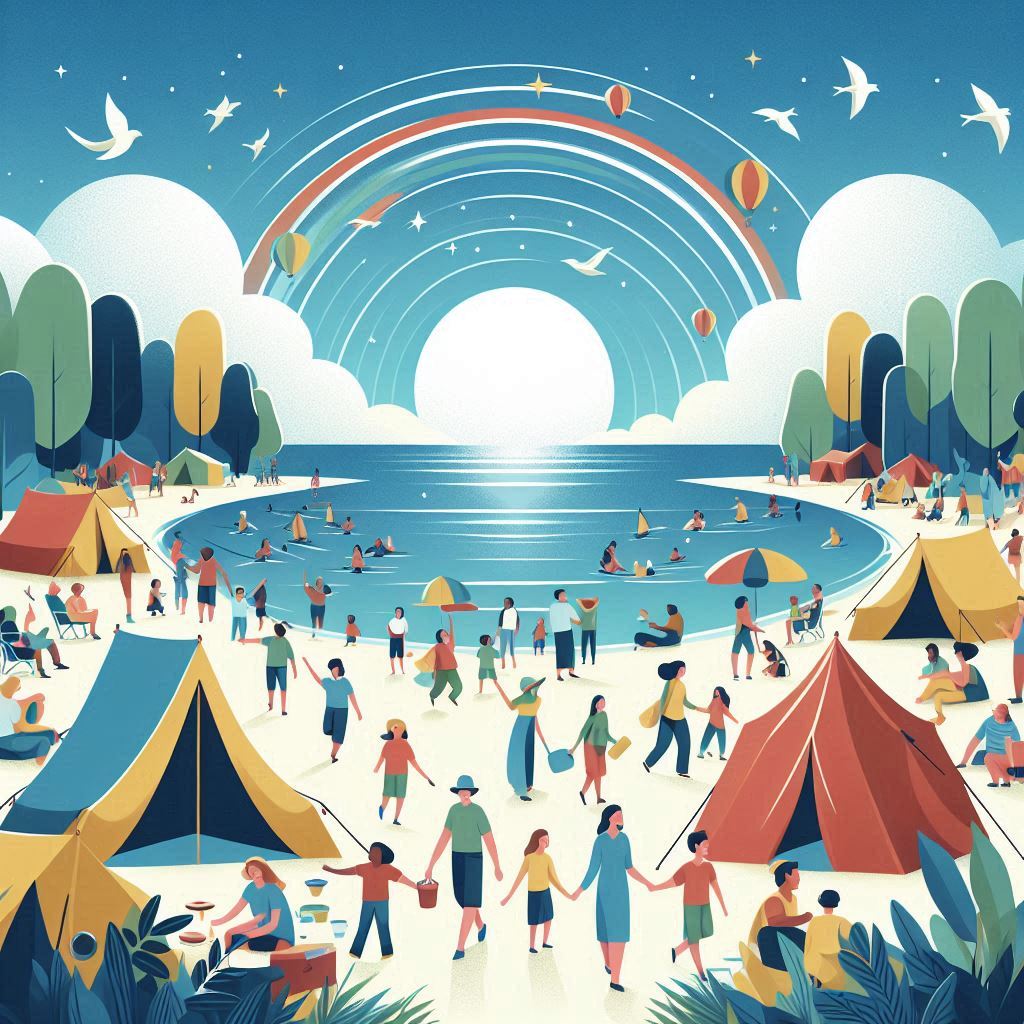 Create an image of a peaceful and vibrant tent city by the beach under a clear blue sky, with a diverse group of happy and resilient people of all ages enjoying activities together. The vector art style should capture the essence of unity and community spirit.