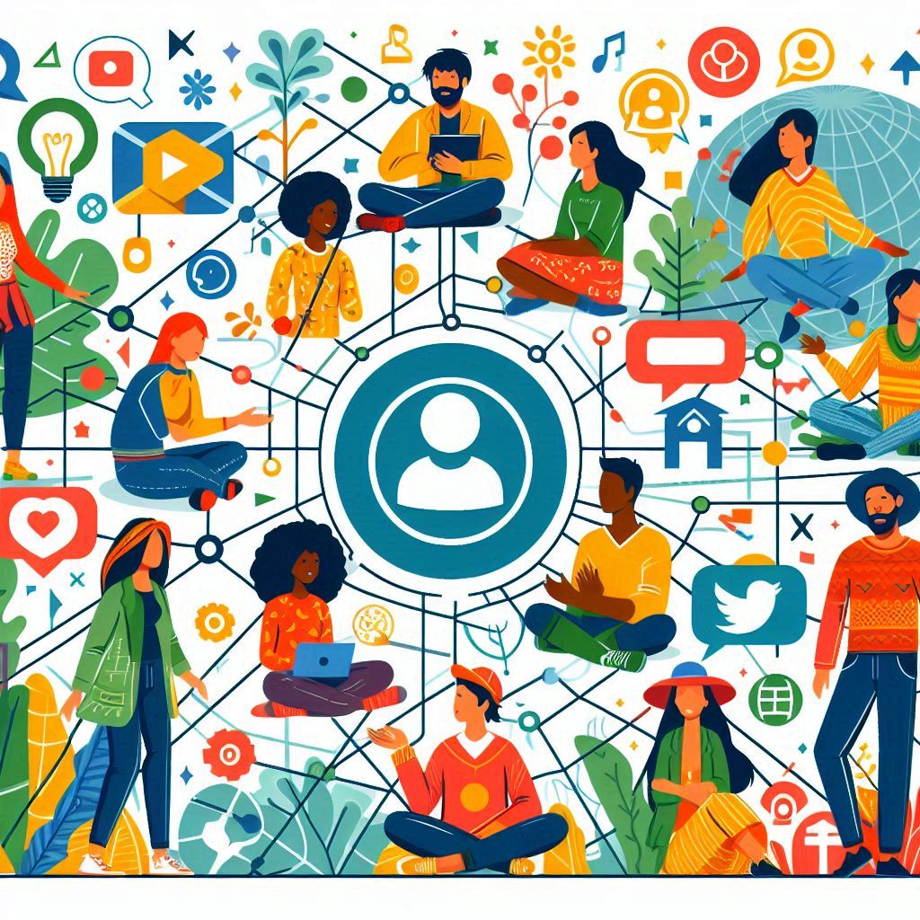 Create an illustration in a vector art style of diverse characters from different backgrounds and cultures interacting in a digital network, symbolizing a connected and inclusive online community like the Fediverse Threads platform. Capture a welcoming and collaborative atmosphere among the characters.