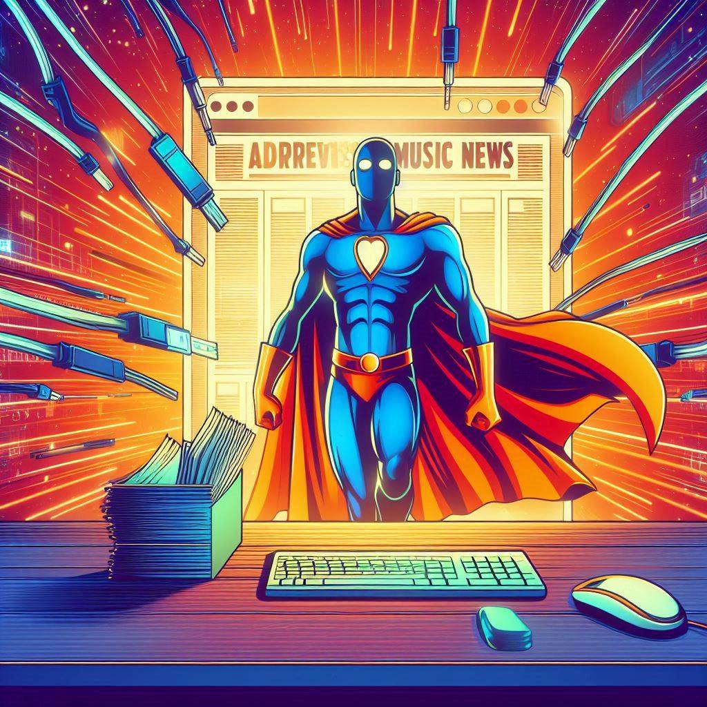 Create an image of a digital archive superhero in a colorful futuristic world, saving a distressed music news website in a vector art style. The mood is heroic and optimistic, with glowing screens and internet cables in the background.