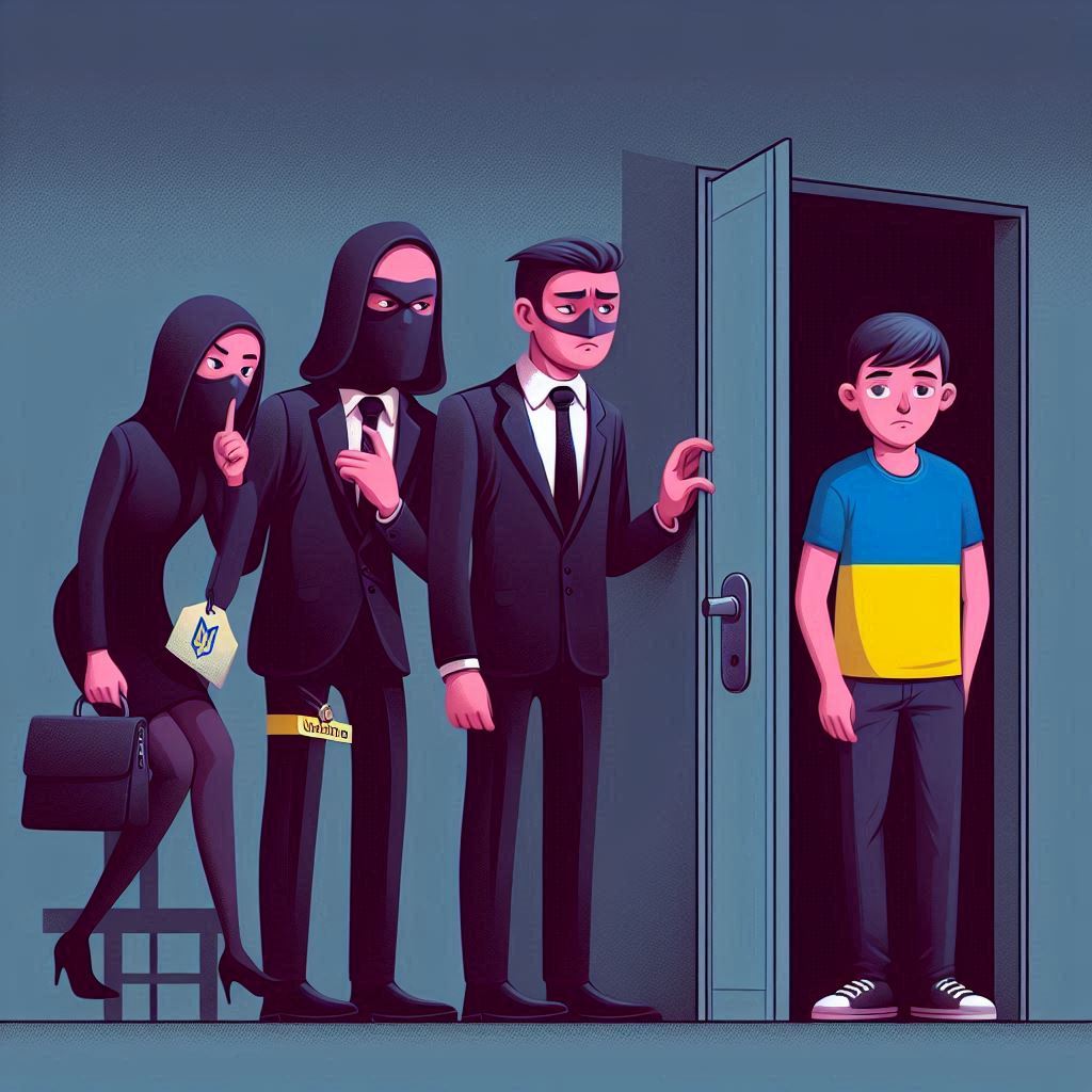 Create an image of three individuals in a secretive setting, wearing disguises and peeking around corners, while one person from Ukraine is portrayed innocently going about their day. The scene should be depicted in a sleek and modern vector art style.