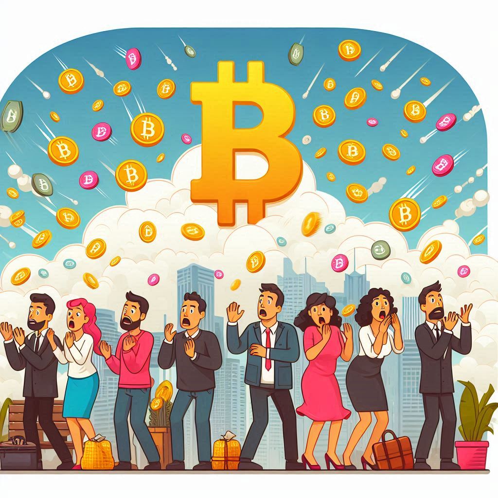 Create an illustration of a diverse group of people anxiously watching as stacks of colorful Bitcoin symbols float away into a cloudy sky. The scene should be set in a bustling financial district, with a mix of excitement and concern visible on their faces. Vector art style.