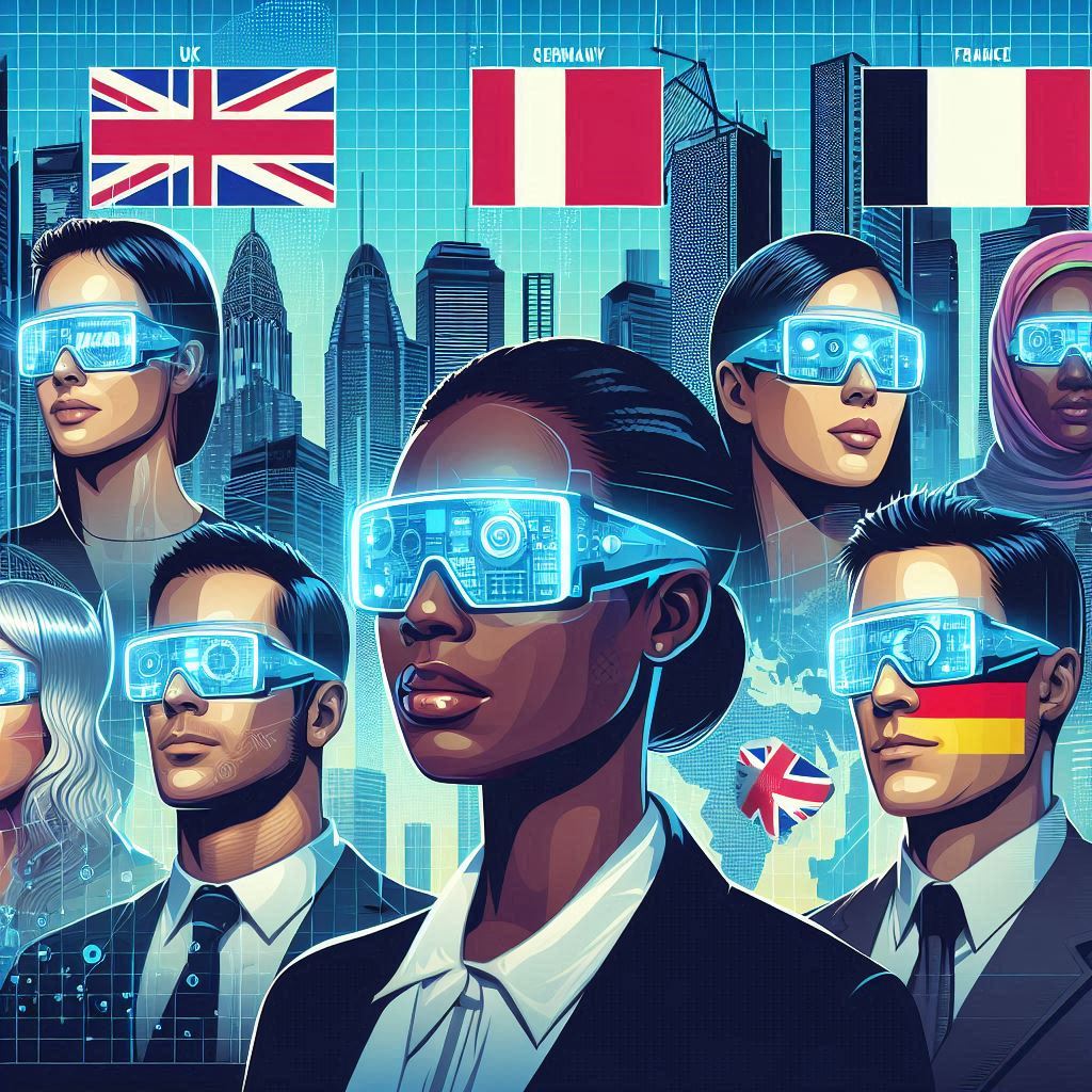 A futuristic vector art style illustration featuring a diverse group of individuals from the UK, Canada, Germany, France, and Australia wearing high-tech glasses with advanced visual capabilities. The setting is a bustling international city, showcasing a sense of innovation and global connection.