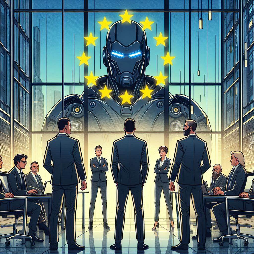 Create an illustration in a vector art style depicting a futuristic tech company facing off against a group of stern-looking EU regulators in a modern office setting. The mood is tense yet professional, with the tech company's logo subtly hinted at in the background.