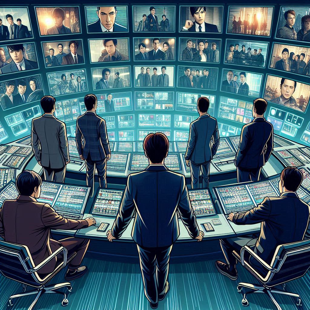 Create an image of a group of five stylishly dressed men in a sleek, modern control room surrounded by countless screens displaying a vast array of TV show thumbnails. The mood is one of excitement and suspense, set in a high-tech environment. The style is vector art style.