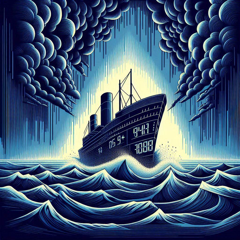 Create an image in a vector art style of a futuristic-looking ship resembling a stock ticker symbol, navigating through stormy waters under a dark, ominous sky. The ship should look burdened by the weight of giant, looming expectations.