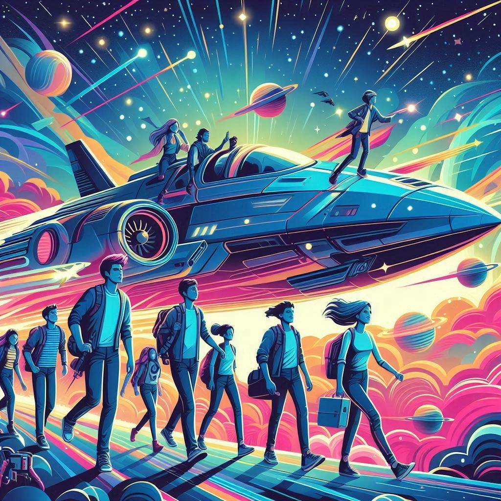 Create an image of a futuristic spaceship crewed by a diverse group of adventurous and ambitious young individuals navigating through a colorful and vibrant galaxy. The scene should capture a sense of excitement and wonder as they embark on new intergalactic journeys. The artwork should be done in a vector art style.