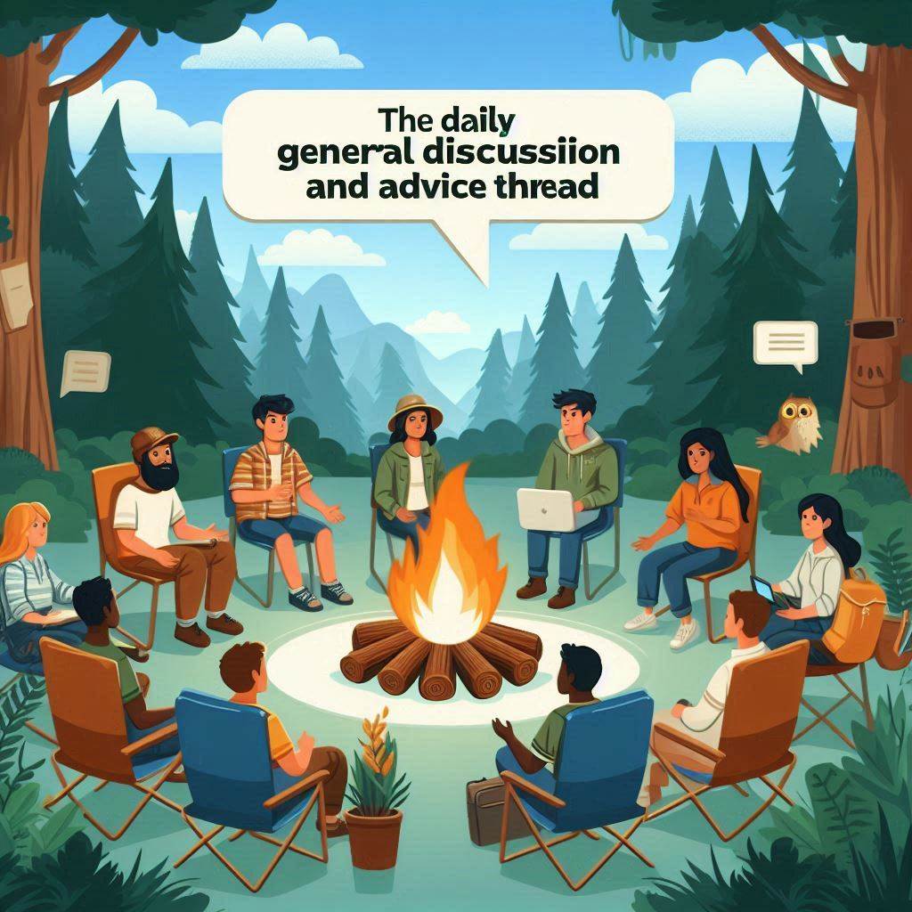 Create an image of a diverse group of cartoon characters gathered around a virtual campfire in a serene forest setting, sharing knowledge and offering support to one another. The vector art style should capture a warm and inviting mood for "The Daily General Discussion and Advice Thread" headline.