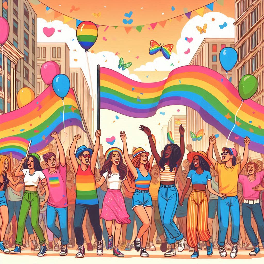 Create an illustration of a diverse group of people joyfully celebrating at a colorful and lively Pride parade in Raleigh. Capture the festive and inclusive atmosphere of the event in a vibrant vector art style.