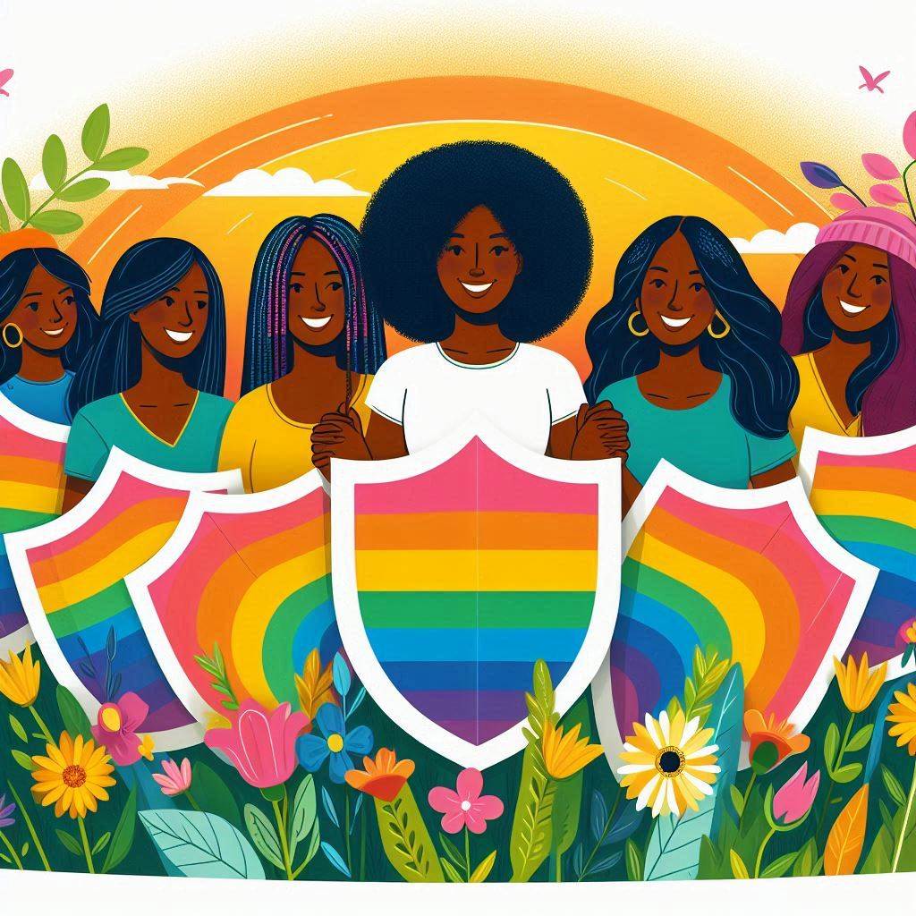 Create an illustration in a vector art style of a diverse group of young African women smiling and holding hands, surrounded by rainbow-colored shields symbolizing protection. The setting is a sunny field with blooming flowers, conveying a feeling of hope and empowerment.