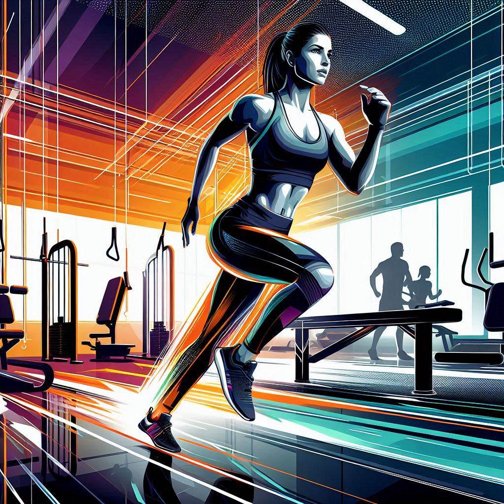 An athletic woman in a sleek modern gym, surrounded by workout equipment and motivational posters. She is wearing performance gear and has a determined expression. The vector art style showcases vibrant colors and dynamic lines, emphasizing movement and energy.