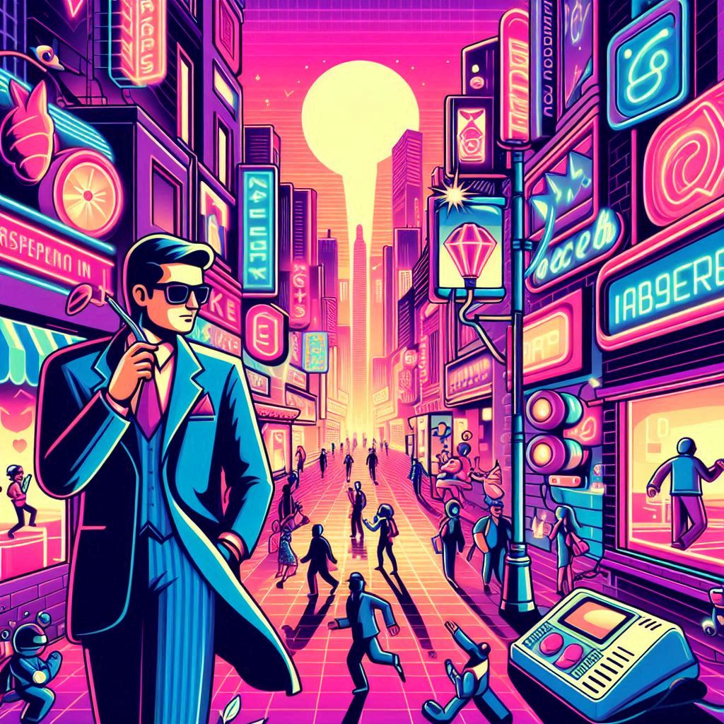 A cool, retro detective in a snazzy suit explores a bustling, neon-lit cityscape filled with quirky characters and futuristic gadgets. The mood is playful and nostalgic, with a nod to 80s pop culture. Create this scene in a vibrant vector art style.