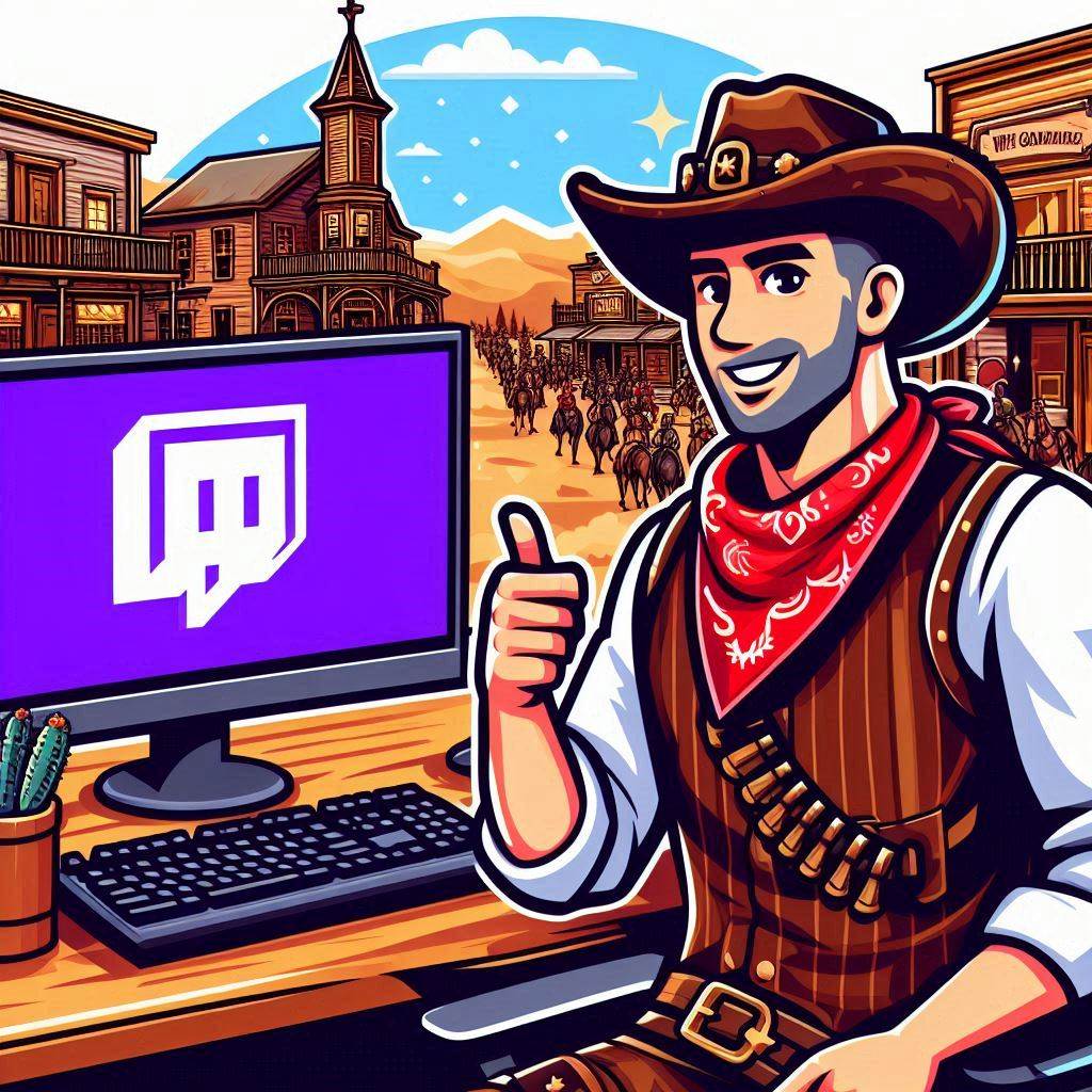 A cowboy-themed character in a lively Wild West town, sitting in front of a computer with a Twitch logo on the screen. The character is interacting with viewers, with a playful expression in a vector art style.