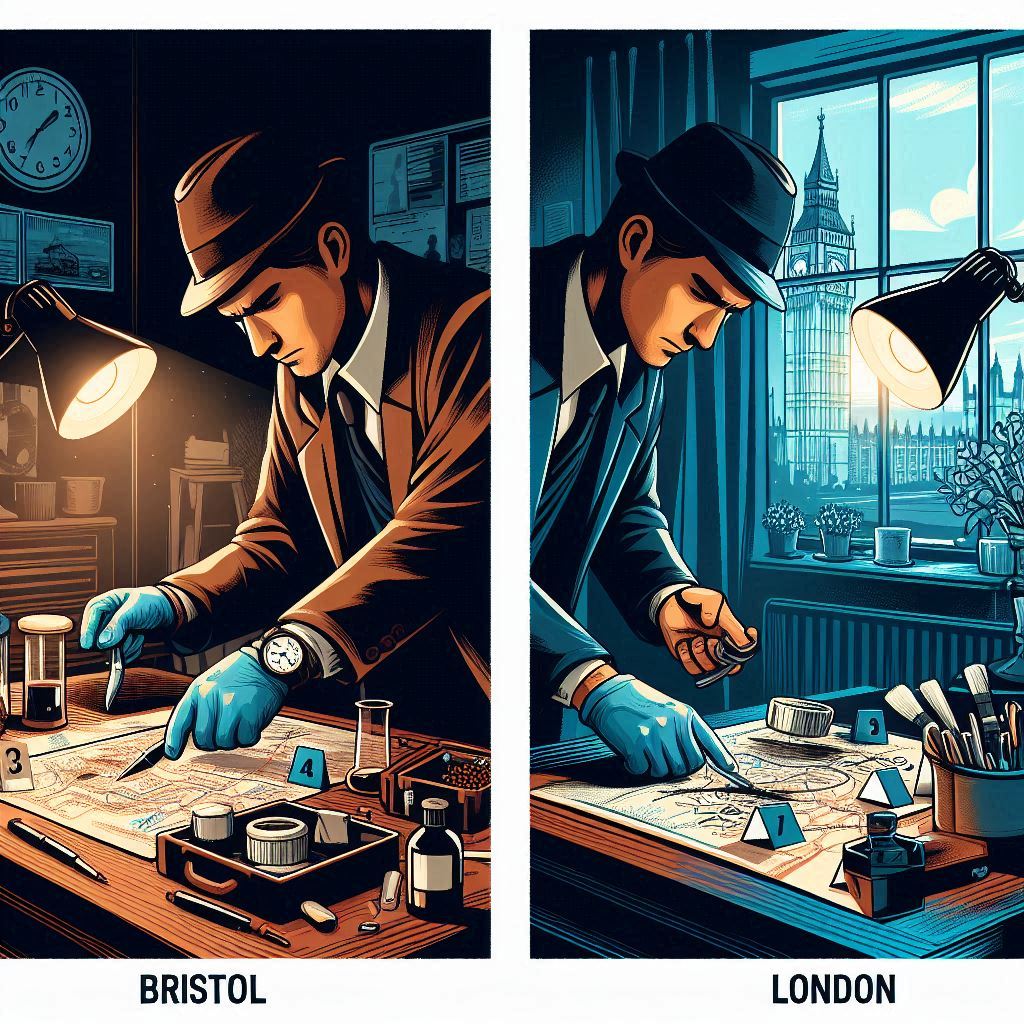 Create an illustration in a vector art style of a detective carefully examining crime scene evidence in a dimly lit room in both Bristol and London. The mood is intense and focused, with forensic tools and evidence markers scattered around.