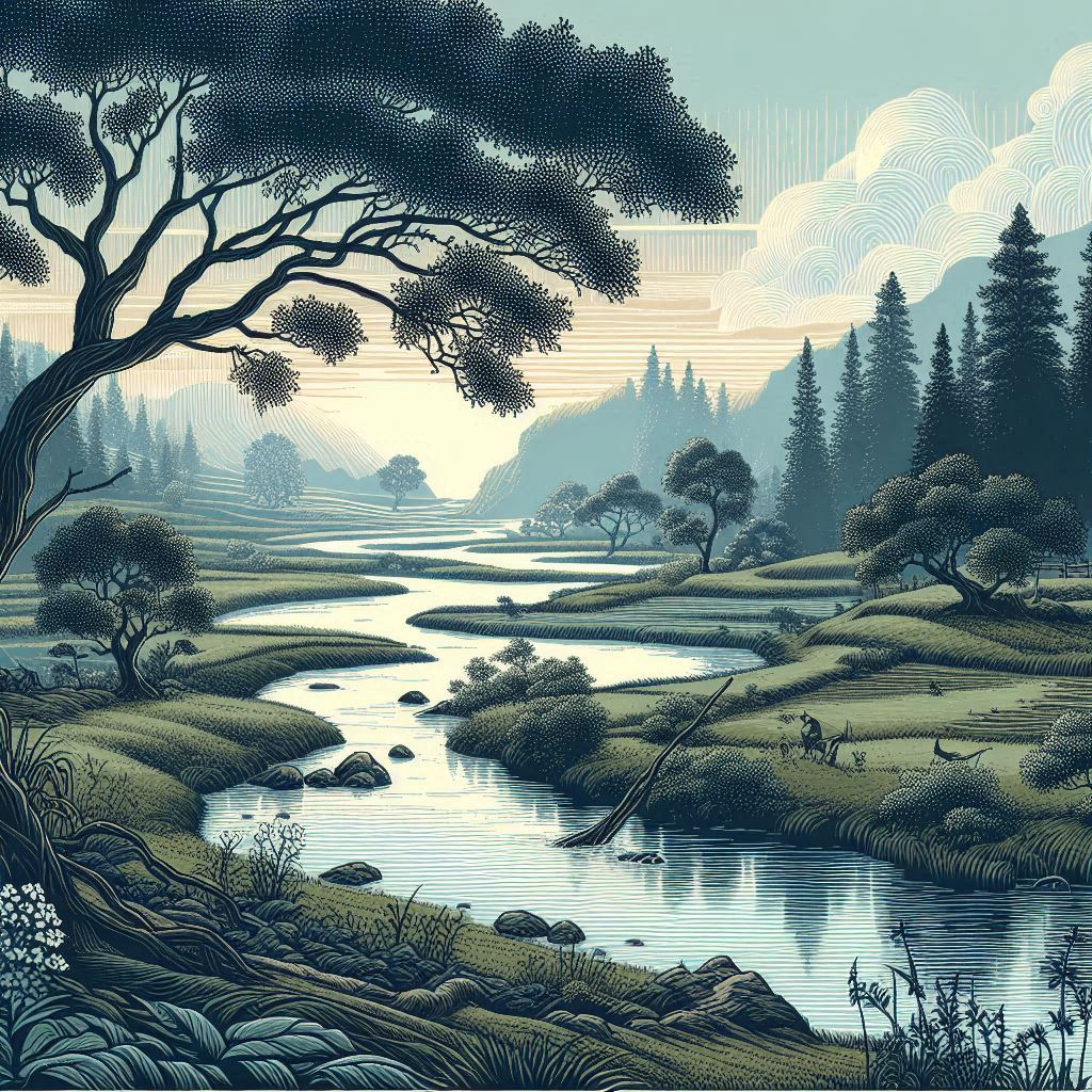 Create an illustration in a vector art style depicting a serene countryside setting in southern China, with gentle flowing rivers and lush greenery. Include a subtle somber mood to honor the 47 lives lost in the tragic floods.