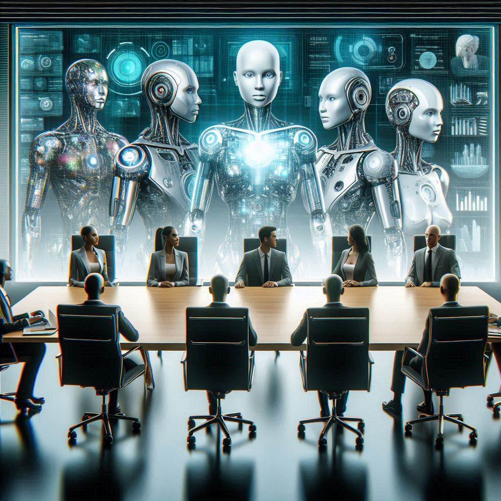 A diverse group of futuristic robots in a sleek, high-tech boardroom setting, symbolizing cutting-edge technology and innovation. The atmosphere is professional with a touch of futuristic flair. Vector art style.