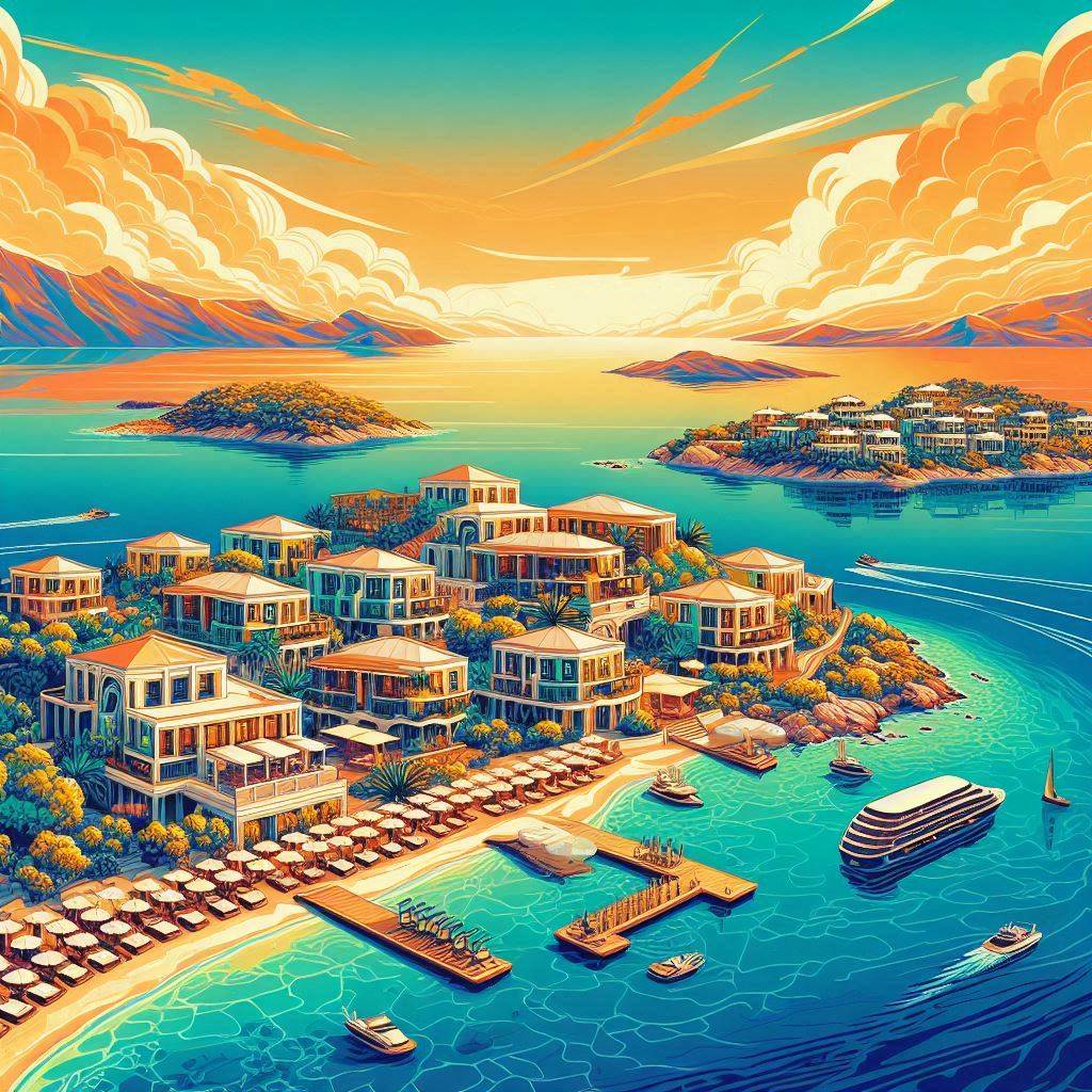 Create an image of a breathtaking view on a Greek island with 12 opulent resorts, each uniquely designed with elegant architecture and surrounded by crystal-clear waters and lush greenery. The scene should evoke a sense of luxury and serenity in a vibrant vector art style.