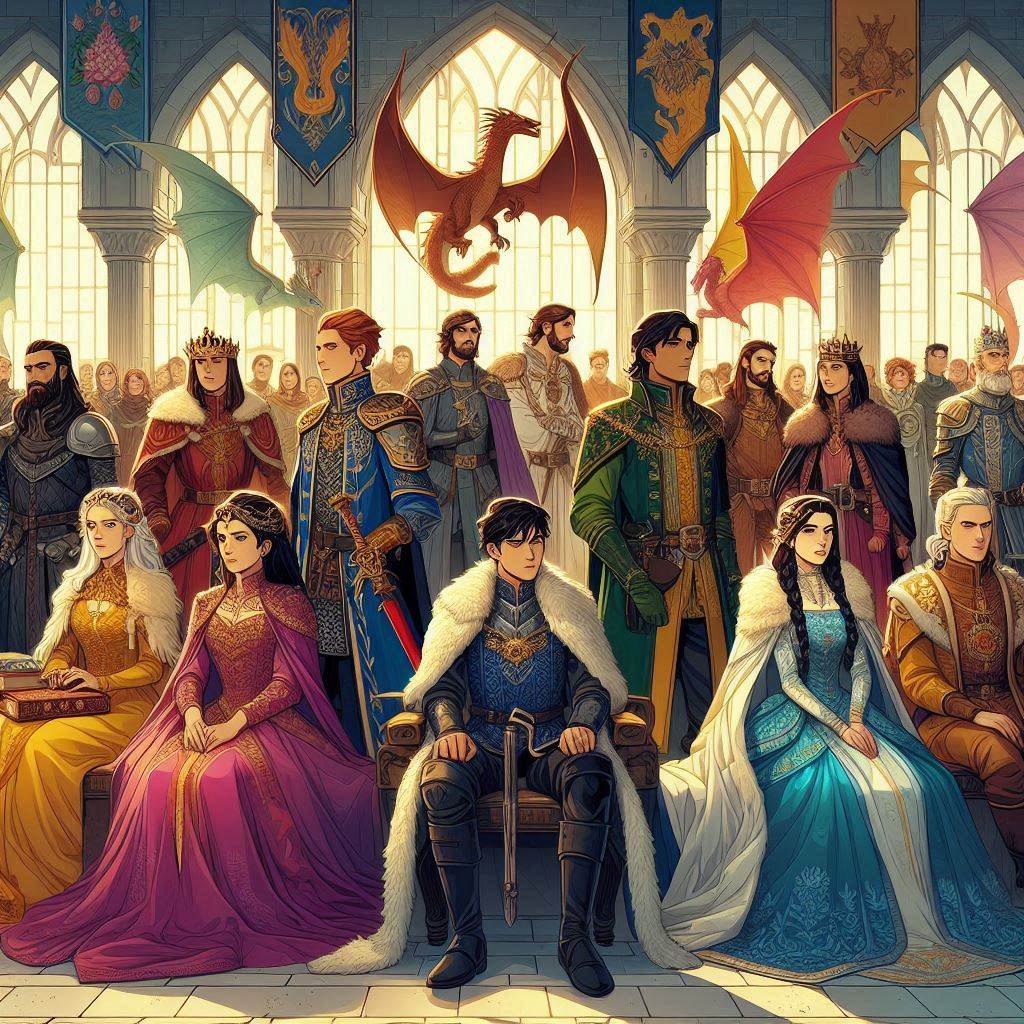 Illustrate a diverse group of medieval fantasy characters from various noble houses in a mythical kingdom. Show regal clothing, intricate family crests, and distinctive personalities in a vibrant vector art style. The scene should convey a sense of anticipation and intrigue, set in a grand castle courtyard with a dragon soaring in the background.