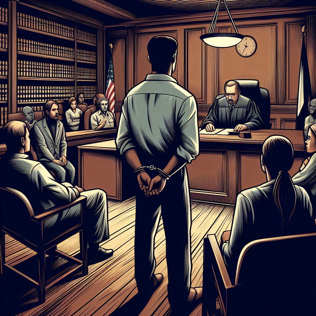 Create an illustration in a vector art style depicting a somber courtroom setting, with a judge presiding over a case involving a child molester. The atmosphere should convey a serious mood, emphasizing the ethical dilemma of the controversial practice of surgical castration.