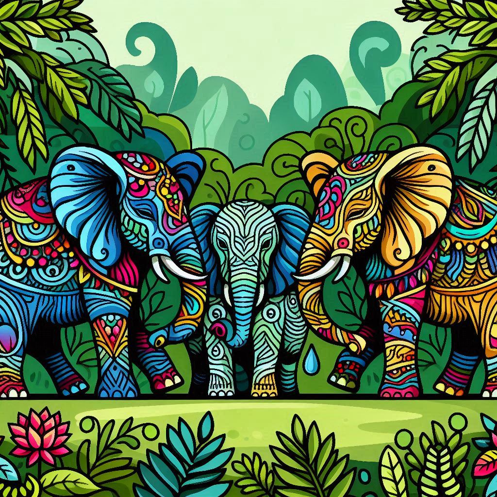 Create an image of three distinct colorful elephants in a lush jungle setting, each with unique patterns on their skin. The elephants are interacting peacefully, showcasing diversity and individuality. Vector art style.