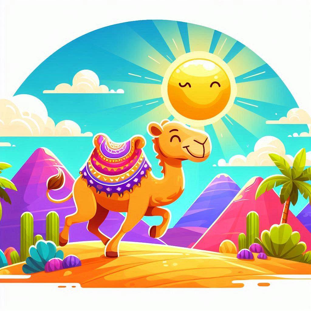 An adorable cartoon camel happily navigating through a colorful desert oasis under a bright midday sun, exuding a cheerful and optimistic vibe. The scene is in a vibrant vector art style, capturing the essence of a fun and lively "Hump Day."