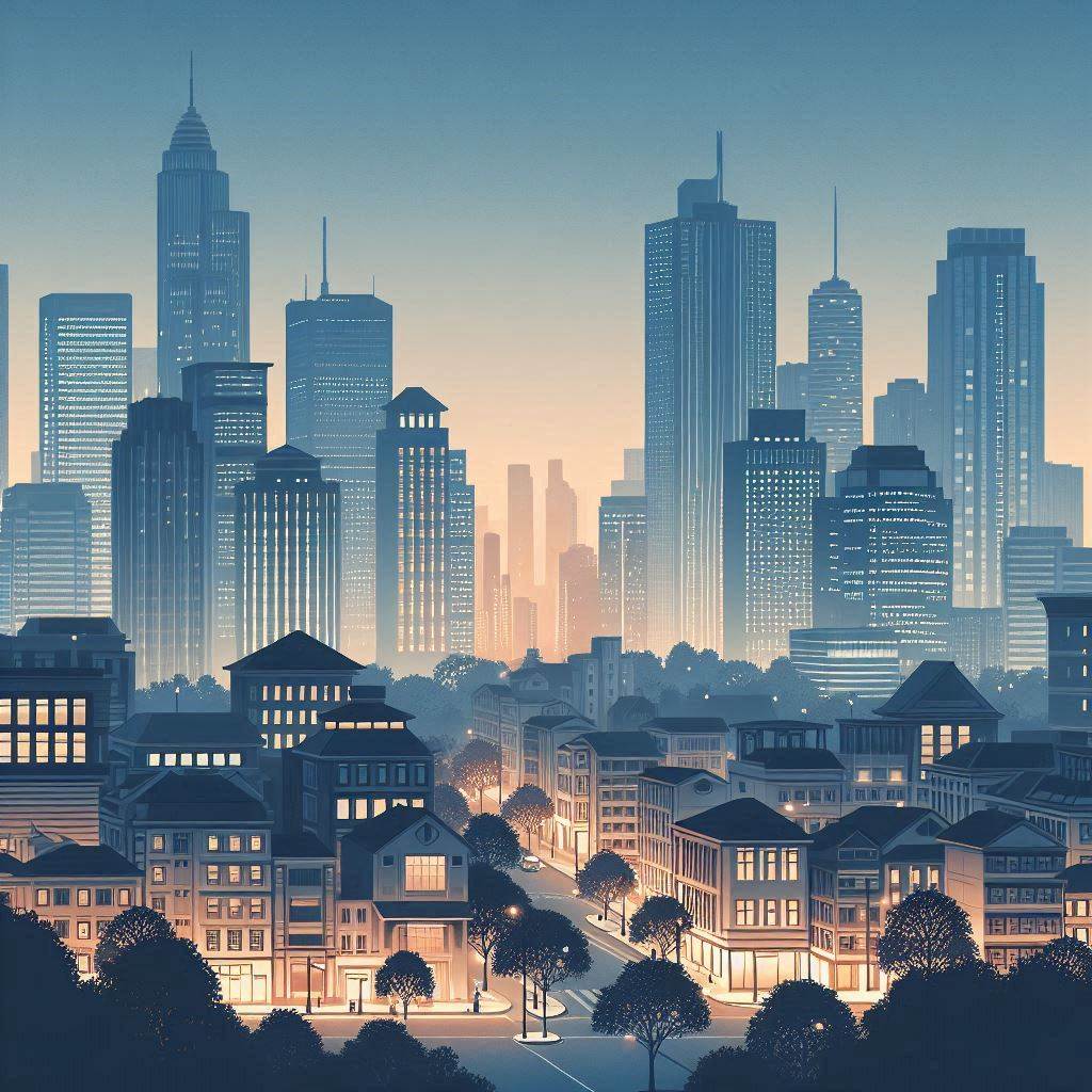 Create an image of a peaceful cityscape at dusk, featuring modern buildings and a serene atmosphere. The skyline should be a mix of traditional and contemporary architecture, with soft glowing lights illuminating the scene. The vector art style should capture the essence of a calm and harmonious setting.