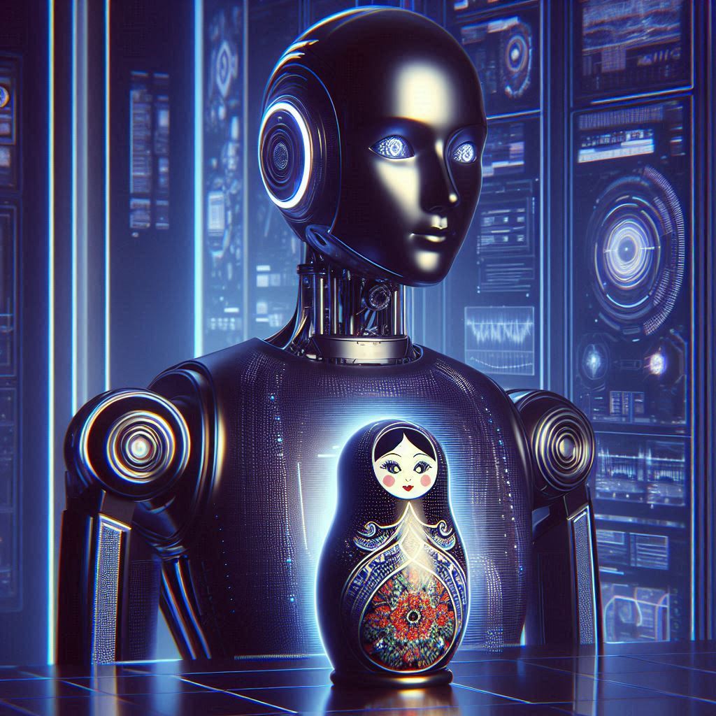 Create an image of a futuristic, sleek chatbot in a sleek modern room, with a subtle hint of Russian symbolism like a matryoshka doll or a balalaika. The mood should be slightly sinister with a digital glow, all in a vector art style.