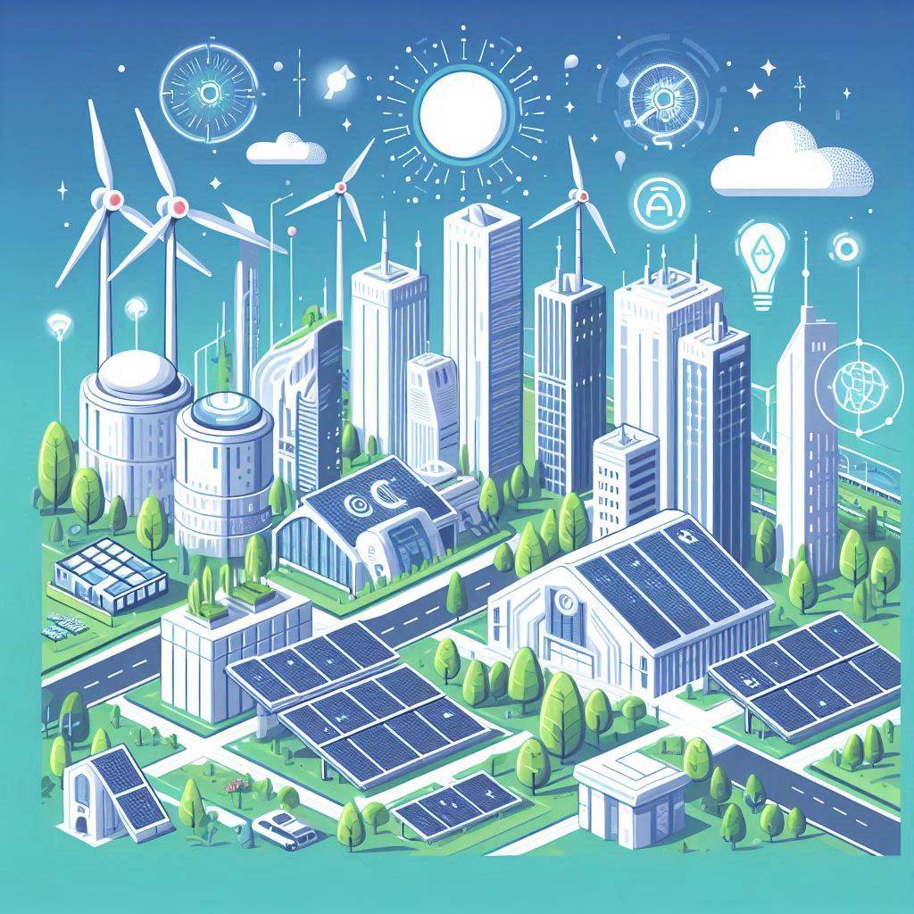 Create an illustration in a vector art style depicting a futuristic cityscape where smart AI-powered devices are actively helping to combat climate change. Show a diverse range of renewable energy sources such as wind turbines and solar panels, alongside green spaces and clean, futuristic architecture. Capture a hopeful and innovative mood in the scene.