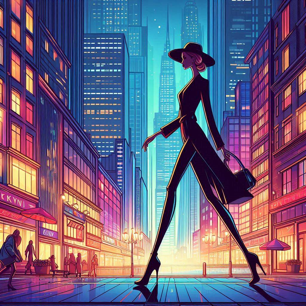 Create an image of a tall, elegant female figure with long legs, gracefully walking through a vibrant cityscape at dusk. The scene should depict a sense of independence and confidence, with the character exuding a sophisticated and fashionable aura. Vector art style.