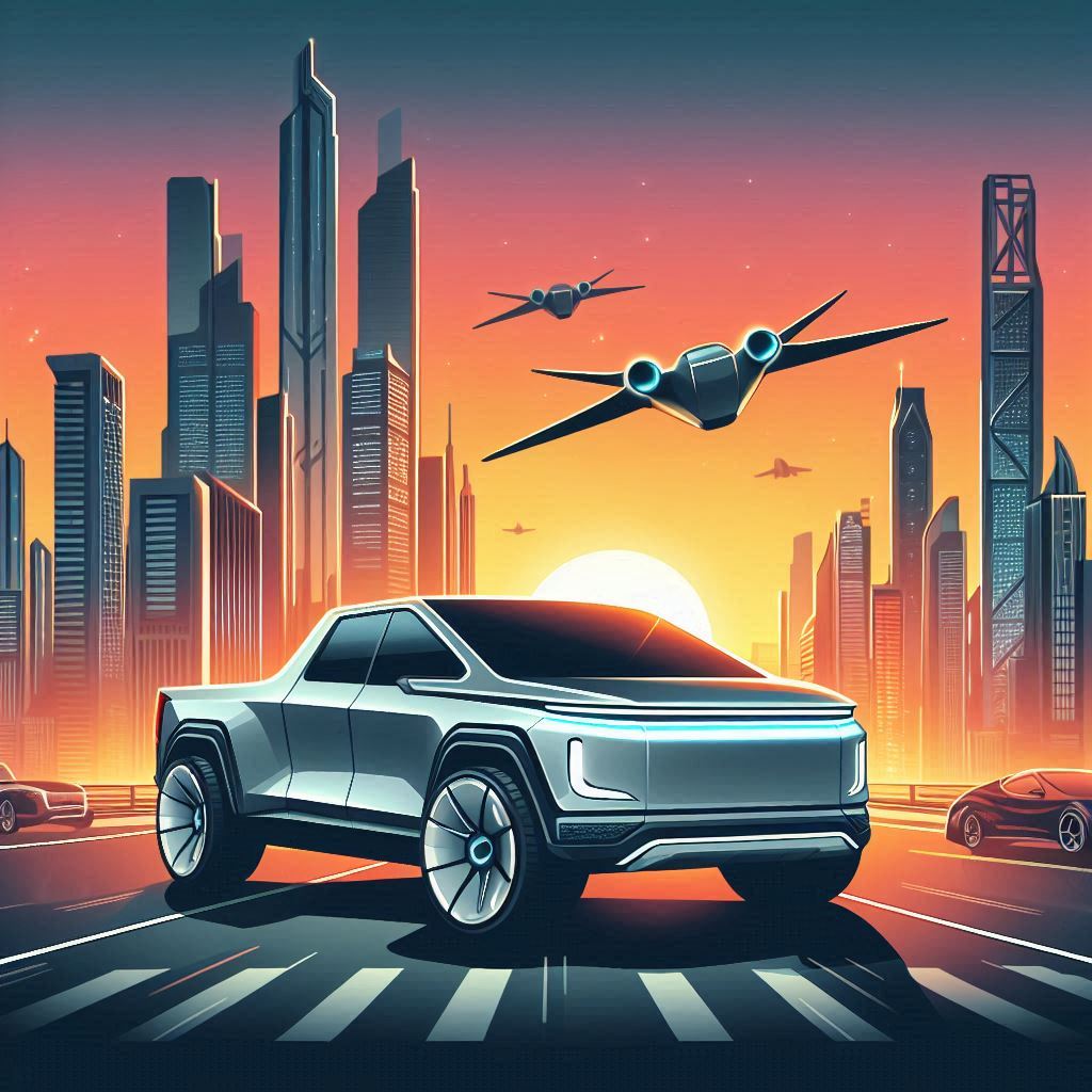 Illustrate a futuristic cityscape at sunset, featuring a sleek, angular electric pickup truck in a vector art style. The setting should include tall skyscrapers and flying cars to enhance the futuristic feel. The overall mood should be a blend of awe and excitement.