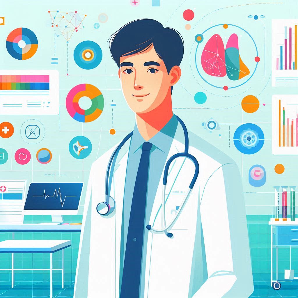 A person with a confident expression, surrounded by medical equipment and colorful scientific charts, in a bright and modern hospital setting. The mood is hopeful and optimistic. Vector art style.