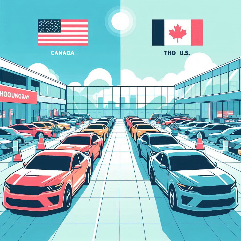 Create an image of a modern and sleek car dealership showroom in both Canada and the U.S., with rows of colorful cars on display. The setting should be a sunny day with a clear blue sky, conveying a sense of optimism and recovery. The vector art style should emphasize clean lines and vibrant colors to depict a welcoming and bustling atmosphere.