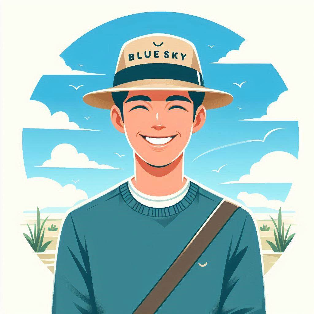 Create an illustration of a person with a friendly smile, wearing a stylish hat with the word "Bluesky" on it, standing in a bright and sunny outdoor setting. The vector art style should emphasize the person's positive and upbeat demeanor.