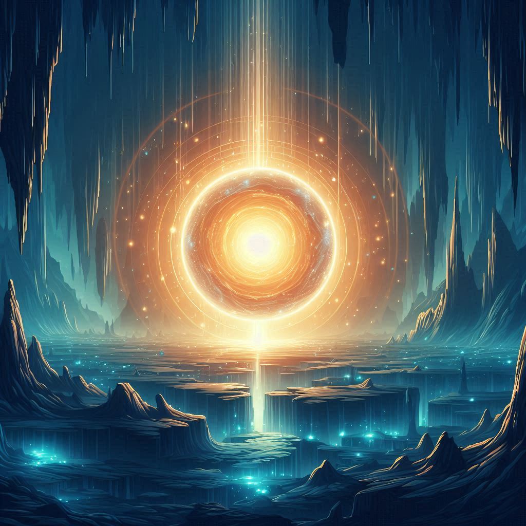 A serene vector art style illustration featuring a glowing, majestic Earth core at the center of a vast, underground cavern. The mood is mysterious and awe-inspiring as the core pulses with vibrant energy, casting beautiful light throughout the cavern.