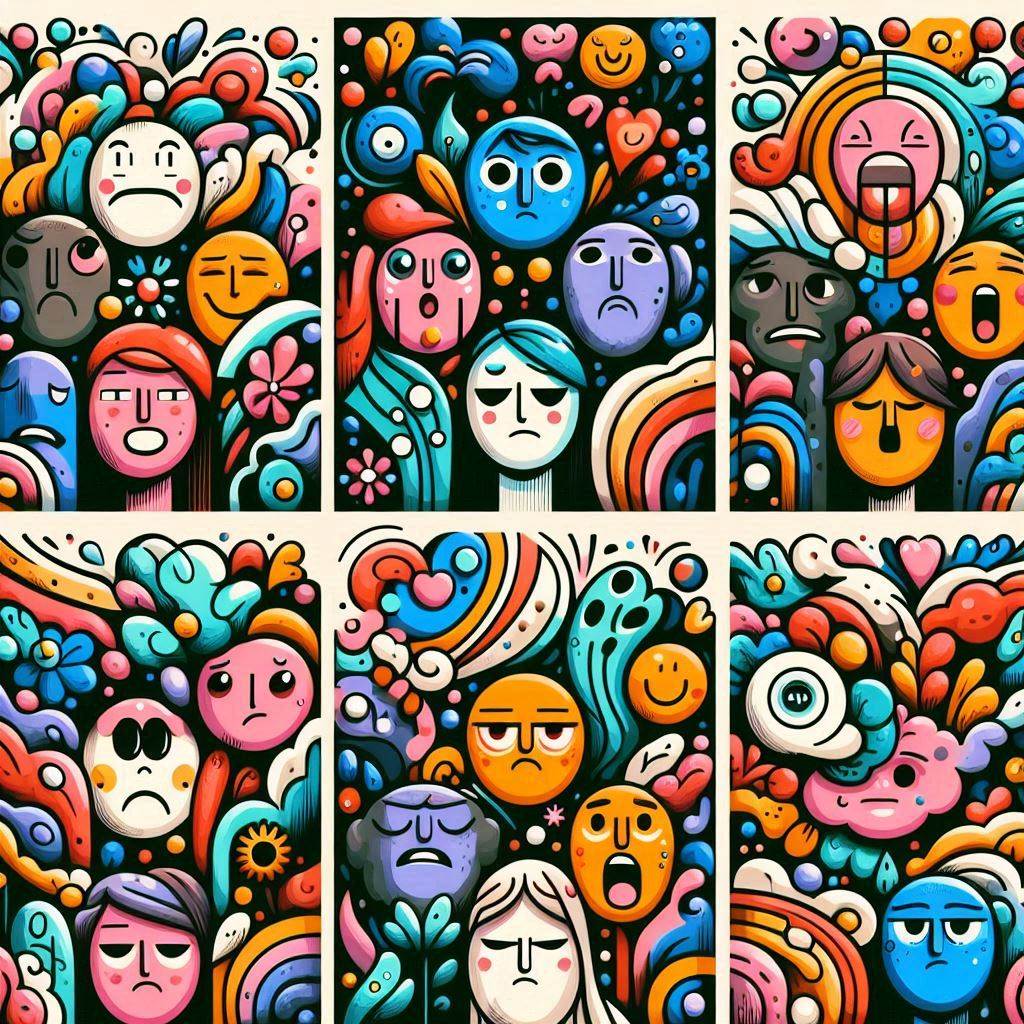 Create an image of a diverse group of colorful emotions in a whimsical and dreamlike setting, showcasing a mix of joy, sadness, anger, fear, and disgust in a vector art style. The mood is slightly somber yet hopeful, with each emotion expressing their distinct personalities and interactions.