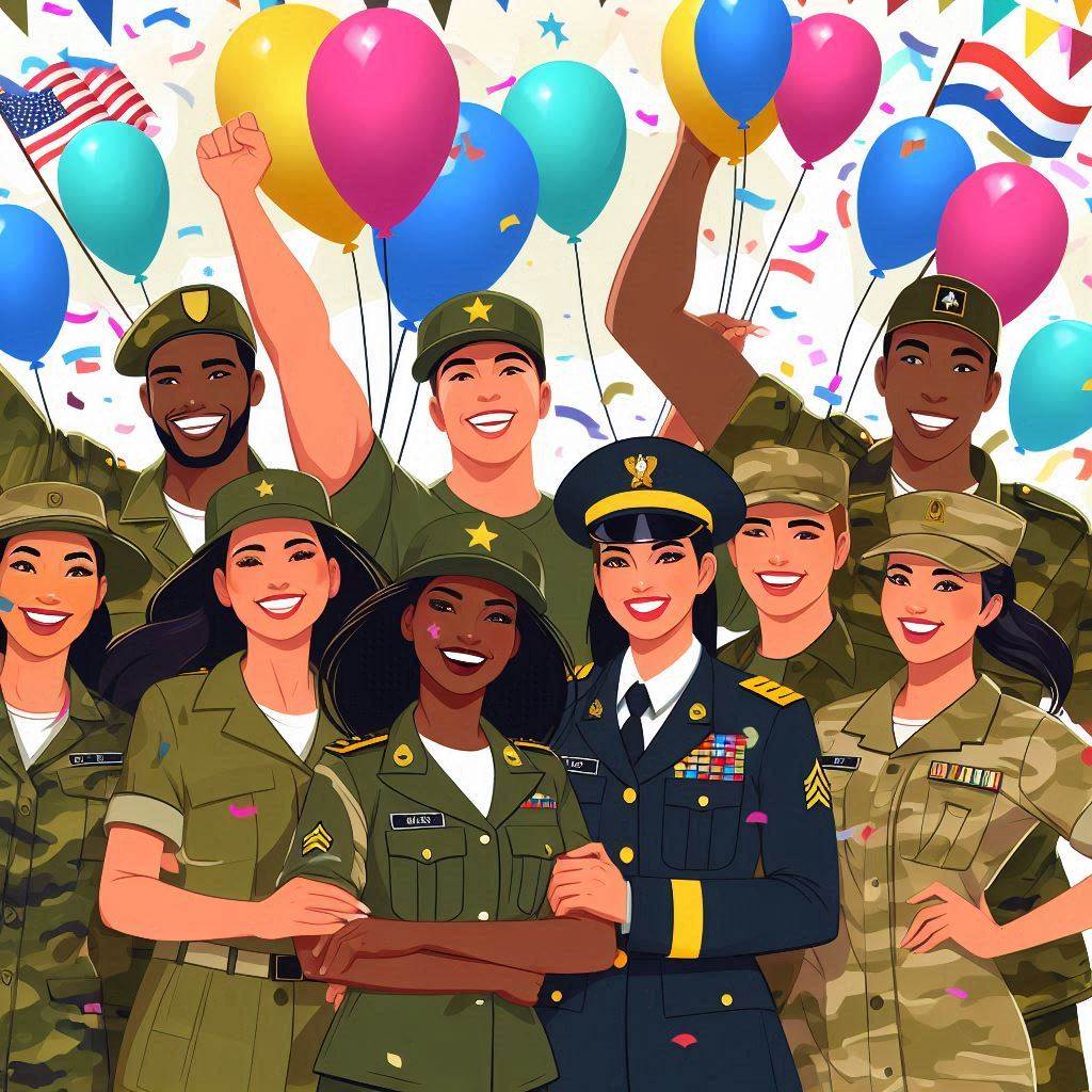 Celebrate ARMY Day with a vibrant vector art style illustration featuring a diverse group of happy individuals wearing military-inspired outfits, surrounded by colorful balloons and confetti. The mood is joyful and patriotic, capturing the spirit of unity and camaraderie.