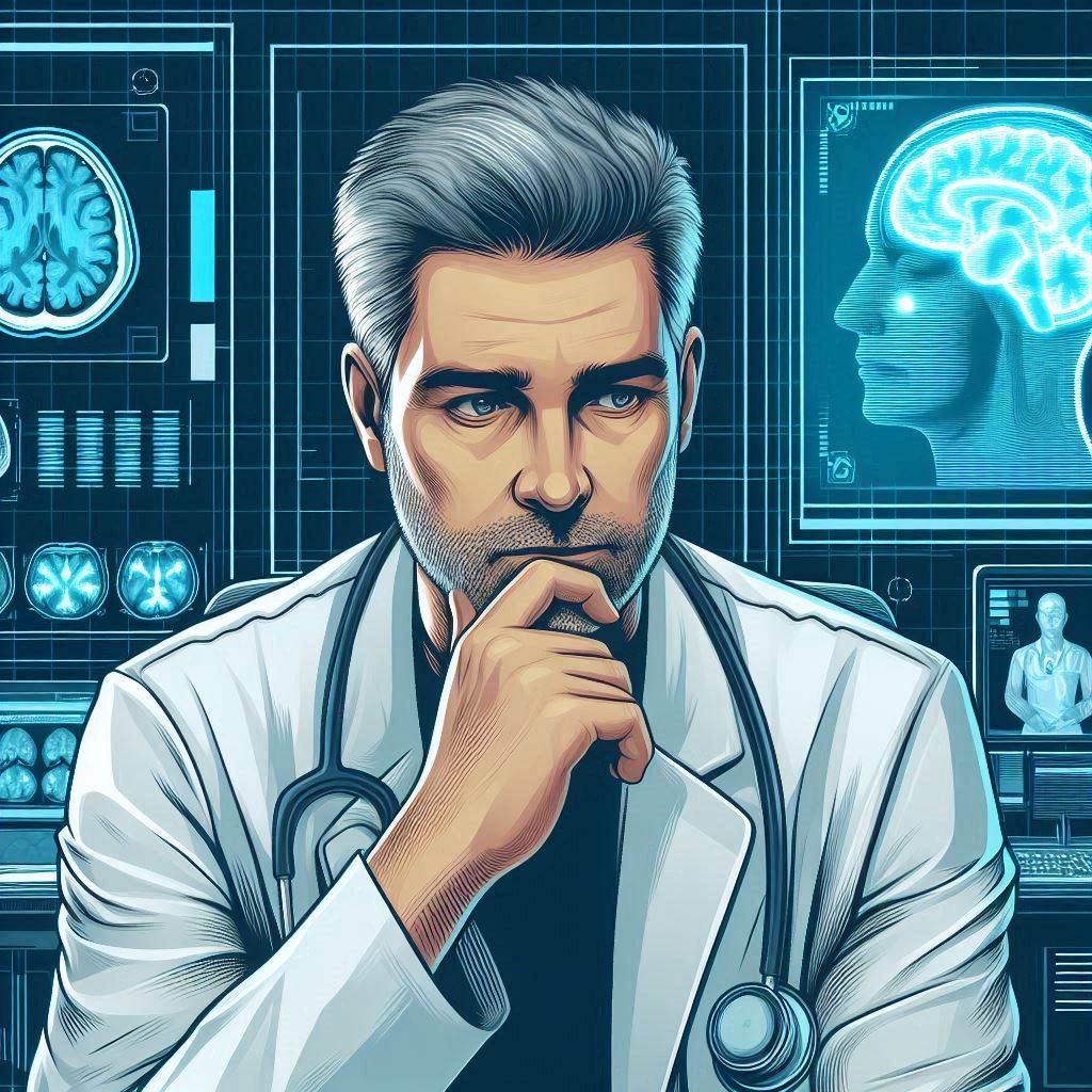 Create an image of a middle-aged man with a concerned expression, sitting in a futuristic medical lab. Show a glowing brain scan on a screen next to him, indicating early detection of a condition. Vector art style.