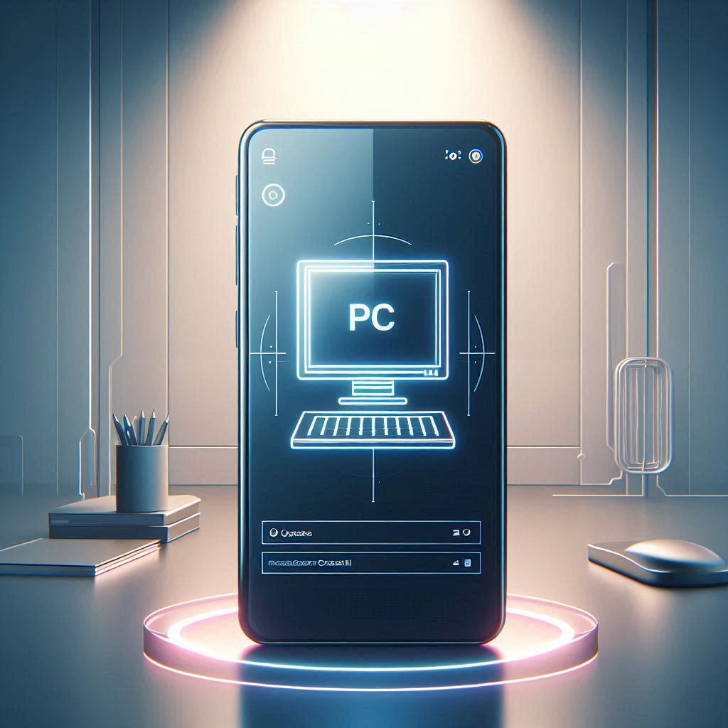 Create an image of a sleek and modern smartphone with a futuristic PC emulator app displayed on the screen. The setting is a minimalist room with soft lighting, conveying a tech-savvy and innovative mood. The vector art style should emphasize clean lines and a high-tech aesthetic.