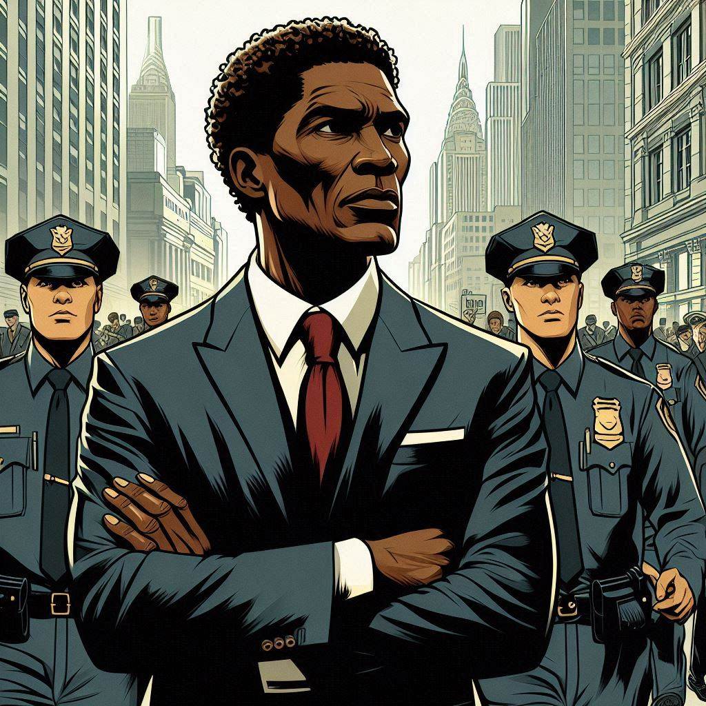 A determined middle-aged man with distinctive hair in a suit, surrounded by security guards, standing in a bustling city square. The scene conveys resilience and strength despite adversity. Vector art style.