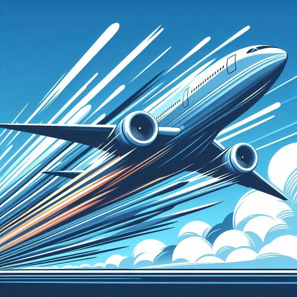 A sleek, modern airplane in a vector art style flying southwest at high speed, leaving dynamic streaks behind it in the clear blue sky. The setting is a peaceful, vast atmosphere with fluffy white clouds.